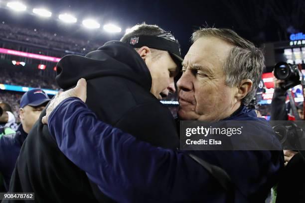 Head coach Bill Belichick of the New England Patriots hugs head coach Doug Marrone of the Jacksonville Jaguars after the AFC Championship Game at...