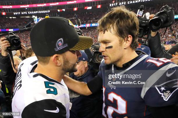 Tom Brady of the New England Patriots shakes hands with Blake Bortles of the Jacksonville Jaguars after the AFC Championship Game at Gillette Stadium...