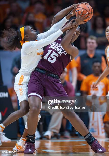 Tennessee Lady Volunteers guard Meme Jackson fights with Mississippi State Lady Bulldogs center Teaira McCowan for the basketball during a game...