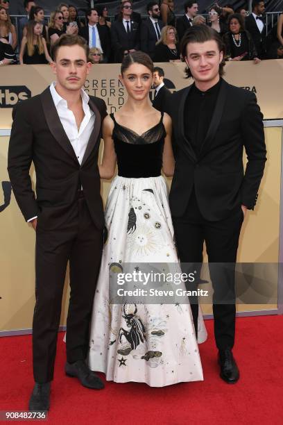 Actors Dacre Montgomery, Natalia Dyer and Joe Keery attend the 24th Annual Screen Actors Guild Awards at The Shrine Auditorium on January 21, 2018 in...