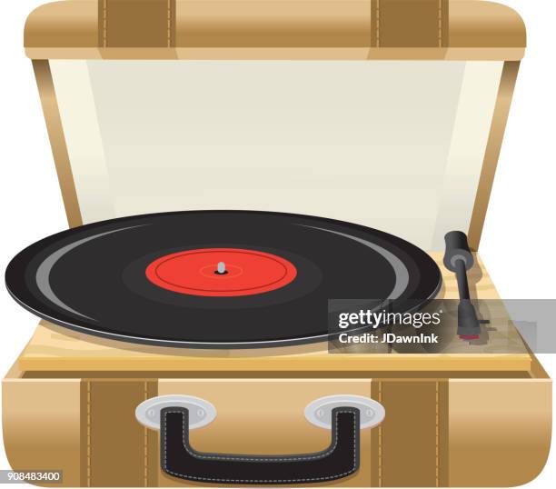 portable vintage record player in a suitcase - open suitcase stock illustrations