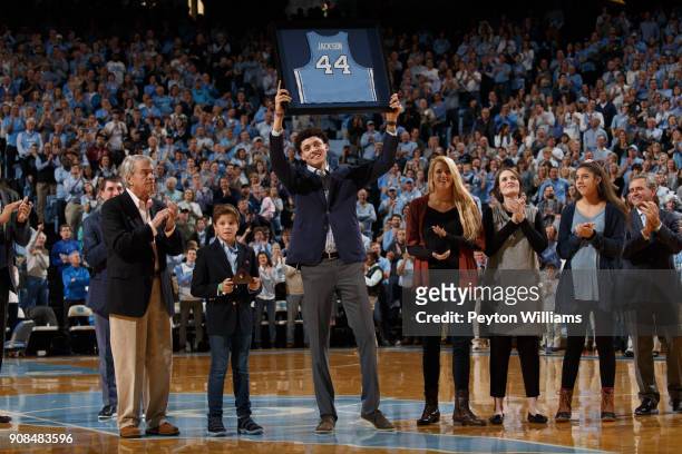 Former player Justin Jackson of the North Carolina Tar Heels is recognized at half time for having his jersey honored in the rafters of the Dean...