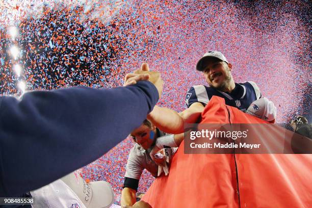 Danny Amendola of the New England Patriots celebrates after winning the AFC Championship Game against the Jacksonville Jaguars at Gillette Stadium on...
