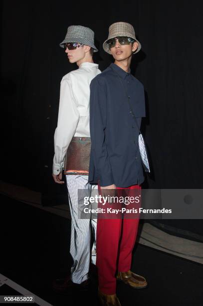 Model poses backstage prior to the Kenzo Menswear Fall/Winter 2018-2019 show as part of Paris Fashion Week on January 21, 2018 in Paris, France.