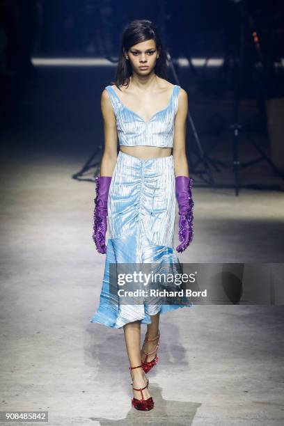 Model walks the runway during the Kenzo Menswear Fall/Winter 2018-2019 show as part of Paris Fashion Week on January 21, 2018 in Paris, France.