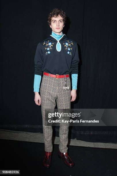 Model poses backstage prior to the Kenzo Menswear Fall/Winter 2018-2019 show as part of Paris Fashion Week on January 21, 2018 in Paris, France.