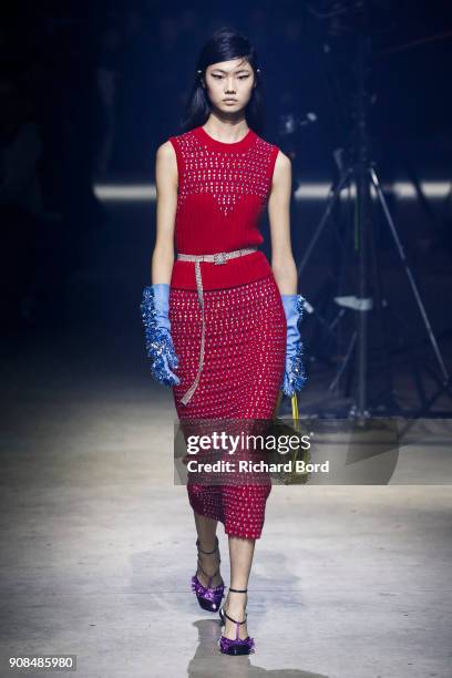 Model walks the runway during the Kenzo Menswear Fall/Winter 2018-2019 show as part of Paris Fashion Week on January 21, 2018 in Paris, France.