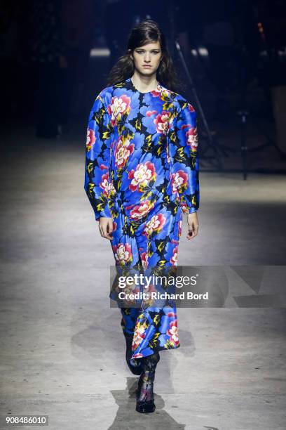 Model walks the runway during the Kenzo Menswear Fall/Winter 2018-2019 show as part of Paris Fashion Week on January 21, 2018 in Paris, France.