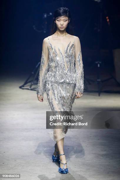 Model walks the runway during the Kenzo Menswear Fall/Winter 2018-2019 show as part of Paris Fashion Week on January 21, 2018 in Paris, France.