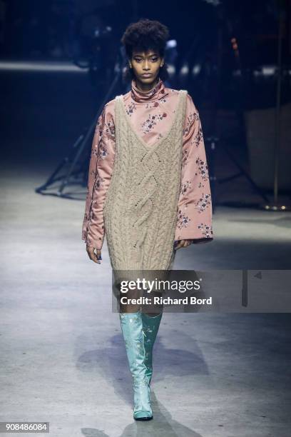 Model walks the runway during the Kenzo Menswear Fall/Winter 2018-2019 show as part of Paris Fashion Week on January 21, 2018 in Paris, France.