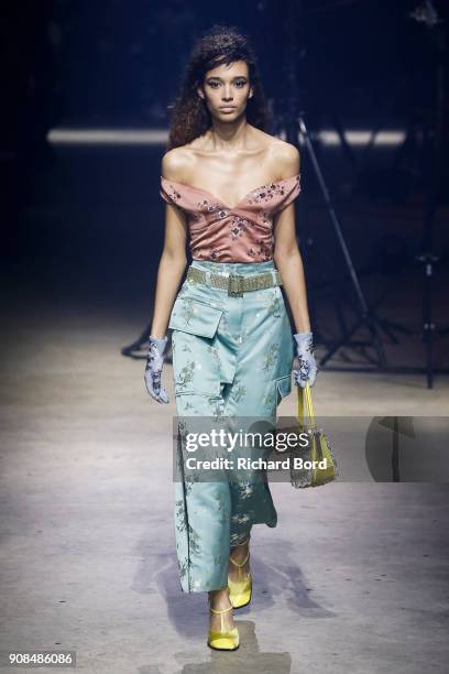 Model walks the runway during the Kenzo Menswear Fall/Winter 2018-2019 show as part of Paris Fashion Week on January 21, 2018 in Paris, France.