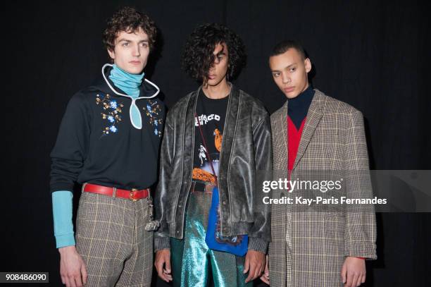 Model poses backstage prior to the Kenzo Menswear Fall/Winter 2018-2019 show as part of Paris Fashion Week on January 21, 2018 in Paris, France.