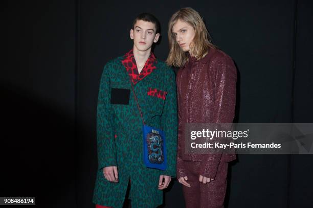 Model poses backstage prior to the Kenzo Menswear Fall/Winter 2018-2019 show as part of Paris Fashion Week on January 21, 2018 in Paris, France.