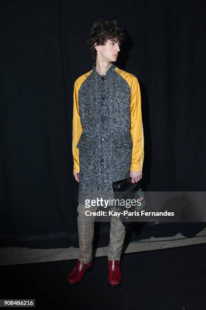 Model poses backstage prior to the Kenzo Menswear Fall/Winter 2018-2019 show as part of Paris Fashion Week on January 21, 2018 in Paris, France.