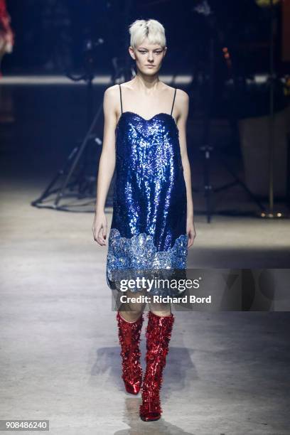 Model walks the runway during the Kenzo Menswear Fall/Winter 2018-2019 show as part of Paris Fashion Week on January 21, 2018 in Paris, France.