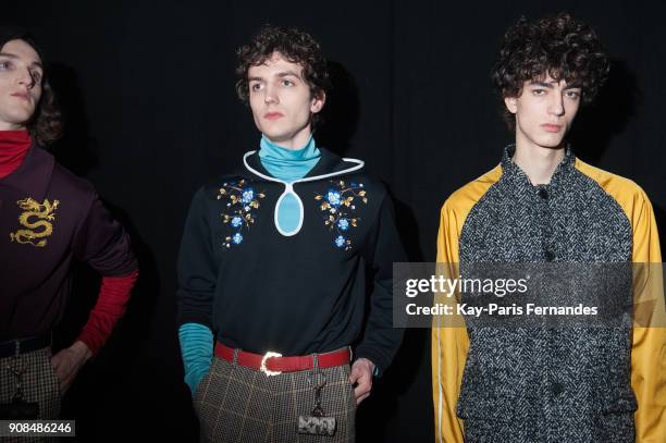 Model poses backstage prior to the Kenzo Menswear Fall/Winter 2018-2019 show as part of Paris Fashion Week on January 21, 2018 in Paris, France.