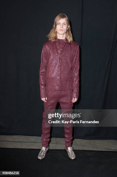 Model poses backstage prior to the Kenzo Menswear Fall/Winter 2018-2019 show as part of Paris Fashion Week on January 21, 2018 in Paris, France.