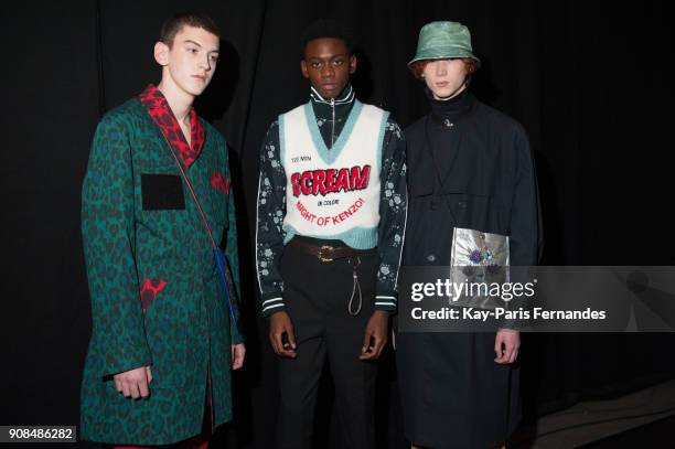 Model poses backstage prior to the Kenzo Menswear Fall/Winter 2018-2019 show as part of Paris Fashion Week on January 21, 2018 in Paris, France.