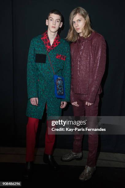 Model poses backstage prior to the Kenzo Menswear Fall/Winter 2018-2019 show as part of Paris Fashion Week on January 21, 2018 in Paris, France.