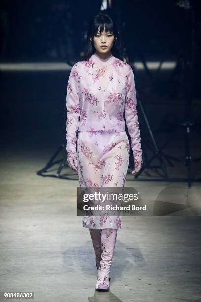 Model walks the runway during the Kenzo Menswear Fall/Winter 2018-2019 show as part of Paris Fashion Week on January 21, 2018 in Paris, France.