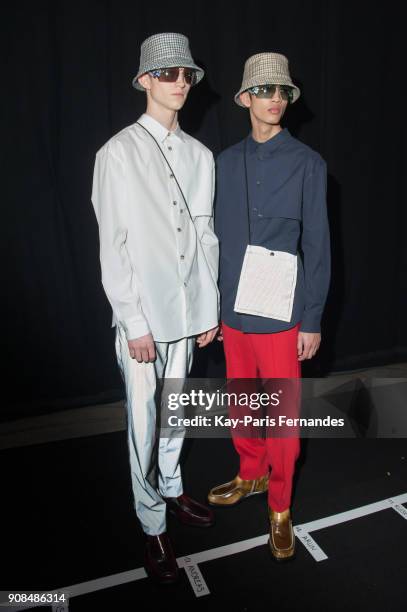 Model poses backstage prior to the Kenzo Menswear Fall/Winter 2018-2019 show as part of Paris Fashion Week on January 21, 2018 in Paris, France.