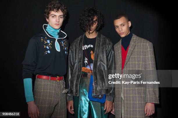 Model poses backstage prior to the Kenzo Menswear Fall/Winter 2018-2019 show as part of Paris Fashion Week on January 21, 2018 in Paris, France.