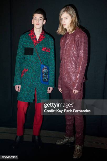 Model poses backstage prior to the Kenzo Menswear Fall/Winter 2018-2019 show as part of Paris Fashion Week on January 21, 2018 in Paris, France.