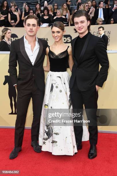 Actors Dacre Montgomery, Natalia Dyer and Joe Keery attend the 24th Annual Screen Actors Guild Awards at The Shrine Auditorium on January 21, 2018 in...