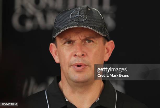 Trainer Chris Waller speaks during a press conference after his horse Winx had completed a barrier trial at Rosehill Gardens on January 22, 2018 in...