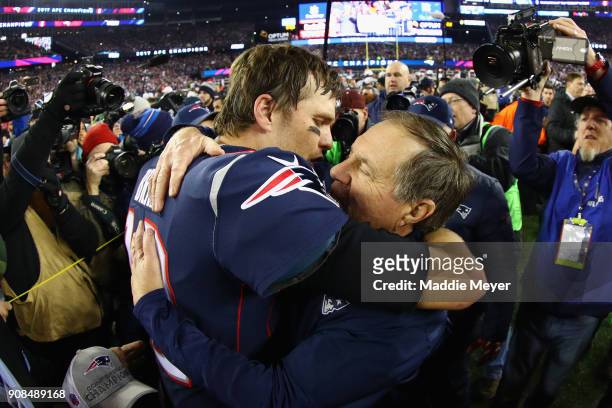 Tom Brady of the New England Patriots celebrates with head coach Bill Belichick after winning the AFC Championship Game against the Jacksonville...