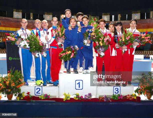 The medal podium in the team competition at the Women's Epee World Cup on January 21, 2018 at the Coliseo de la Ciudad Deportiva in Havana, Cuba.