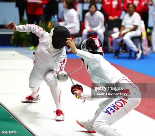 Team Japan fences Team Korea during team competition at the Women's Epee World Cup on January 21, 2018 at the Coliseo de la Ciudad Deportiva in...