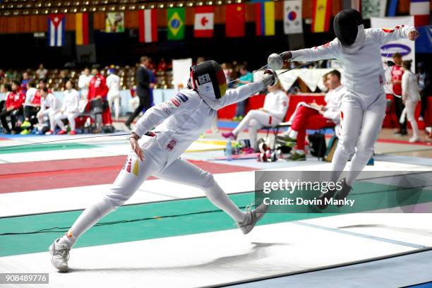 Team Germany fences Team Japan during team competition at the Women's Epee World Cup on January 21, 2018 at the Coliseo de la Ciudad Deportiva in...