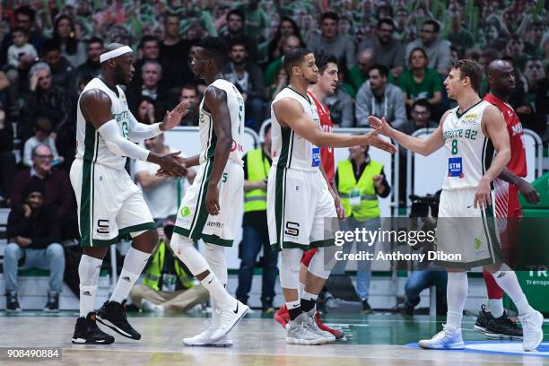 Team of Nanterre celebrates during the Pro A match between Nanterre 92 and Monaco on January 21, 2018 in Nanterre, France.