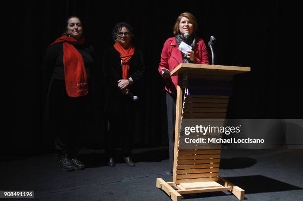 Producer Caroline Libresco,and director/ producers Roberta Grossman and Sophie Sartain speak onstage at the "Seeing Allred" Premiere during the 2018...