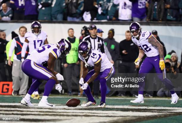 Latavius Murray and Stefon Diggs of the Minnesota Vikings celebrate the first quarter touchdown by Kyle Rudolph against the Philadelphia Eagles in...