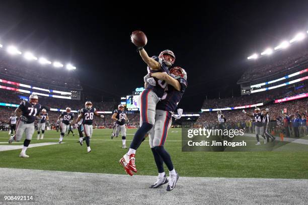 Danny Amendola of the New England Patriots celebrates a touchdown with Chris Hogan in the fourth quarter during the AFC Championship Game against the...