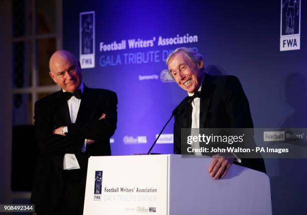 Gordon Banks during his speech as Chairman of the FWA Patrick Barclay watches on during the Football Writers Association Tribute Night at The Savoy,...