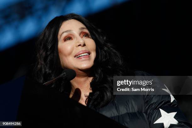 Singer/actress Cher speaks during the Women's March "Power to the Polls" voter registration tour launch at Sam Boyd Stadium on January 21 in Las...