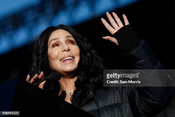 Singer/actress Cher speaks during the Women's March "Power to the Polls" voter registration tour launch at Sam Boyd Stadium on January 21 in Las...