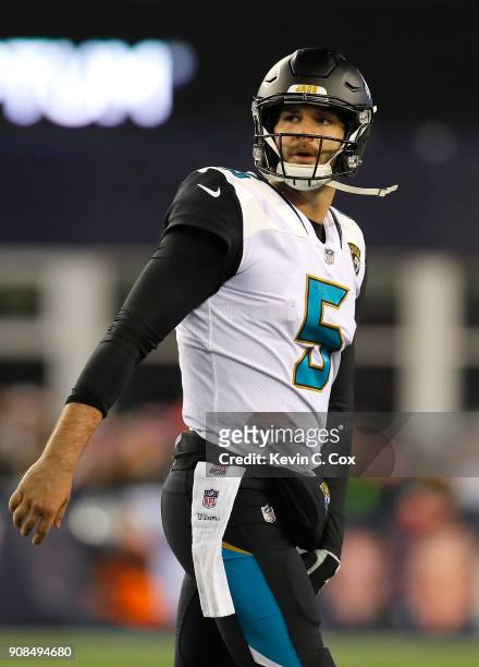 Blake Bortles of the Jacksonville Jaguars reacts in the second half during the AFC Championship Game against the New England Patriots at Gillette...