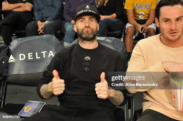 Singer Adam Levine attends a basketball game between the Los Angeles Lakers and the New York Knicks at Staples Center on January 21, 2018 in Los...