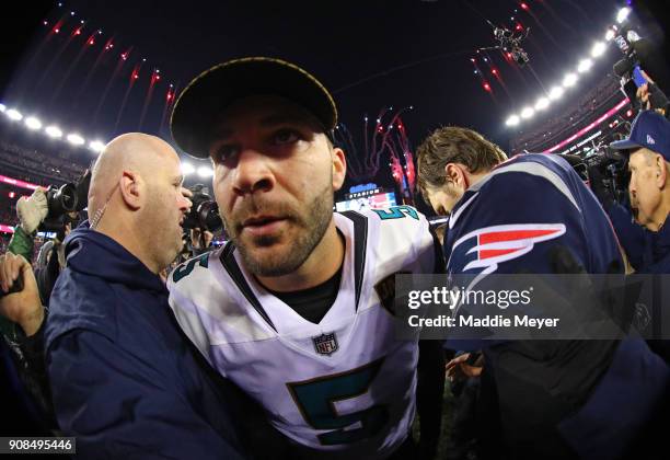 Blake Bortles of the Jacksonville Jaguars reacts after the AFC Championship Game against the Jacksonville Jaguars at Gillette Stadium on January 21,...