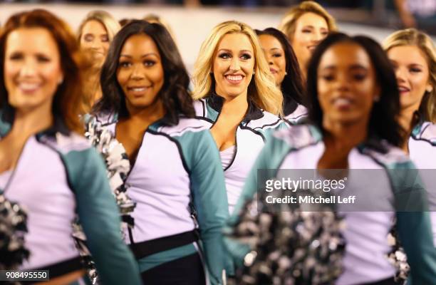 Philadelphia Eagles cheerleaders perform in the NFC Championship game between the Philadelphia Eagles and the Minnesota Vikings at Lincoln Financial...