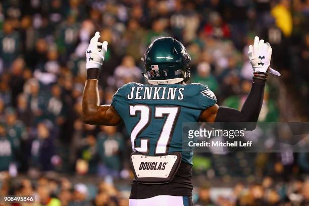 Malcolm Jenkins of the Philadelphia Eagles reacts during the first quarter against the Minnesota Vikings in the NFC Championship game at Lincoln...