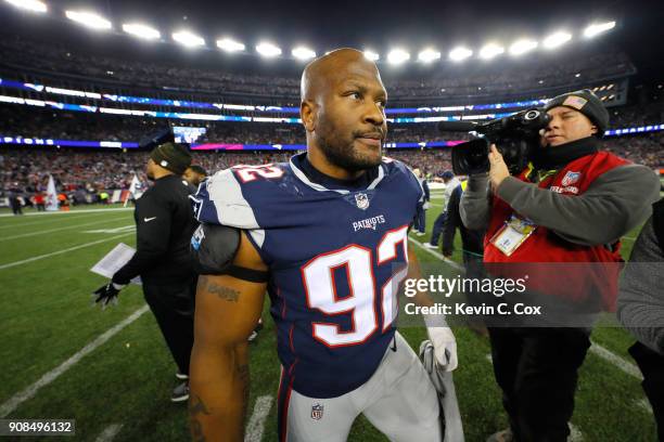 James Harrison of the New England Patriots reacts after the AFC Championship Game against the Jacksonville Jaguars at Gillette Stadium on January 21,...