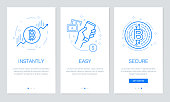 Cryptocurrency and Blockchain concept onboarding app screens. Modern and simplified vector illustration walkthrough screens template for mobile apps.