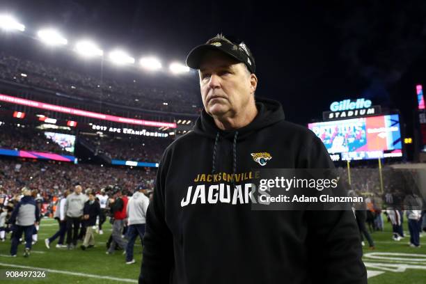 Head coach Doug Marrone of the Jacksonville Jaguars reacts after the AFC Championship Game against the New England Patriots at Gillette Stadium on...