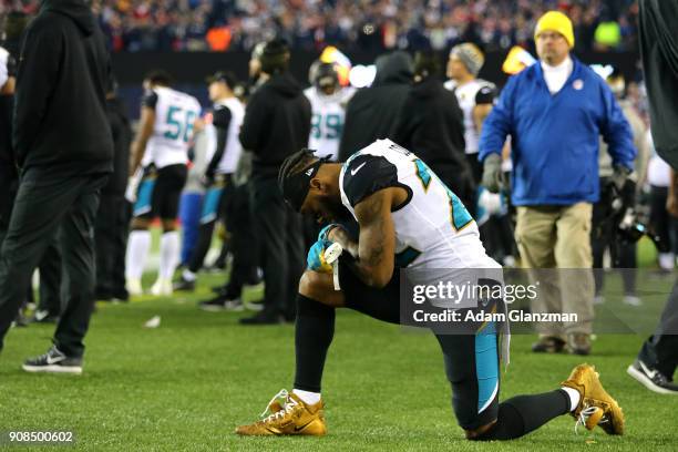 Aaron Colvin of the Jacksonville Jaguars reacts after being defeated by the New England Patriots during the AFC Championship Game at Gillette Stadium...