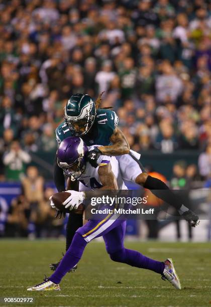 Stefon Diggs of the Minnesota Vikings is tackled by Ronald Darby of the Philadelphia Eagles during the first quarter in the NFC Championship game at...